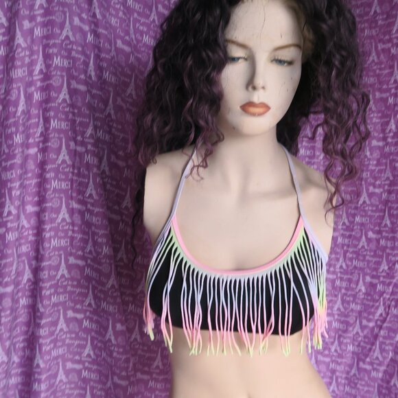 PINK Victoria's Secret fringe tie dye bikini swimsuit bathing suit top in black - Picture 1 of 4
